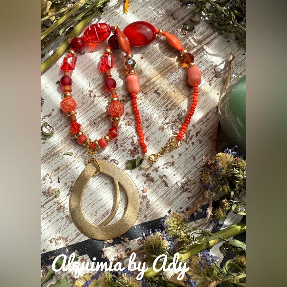 Red turquoise Orange quartz and Gold Pendant Necklace